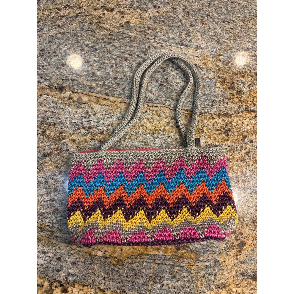 The Sak Crochet Shoulder Mini Bag Multicolored Chevron Zigzag Boho Pink Small